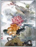 Artist Owned - Lotus Land Part 1-----Lotuses With A Dragonfly - Ink Chinese Color